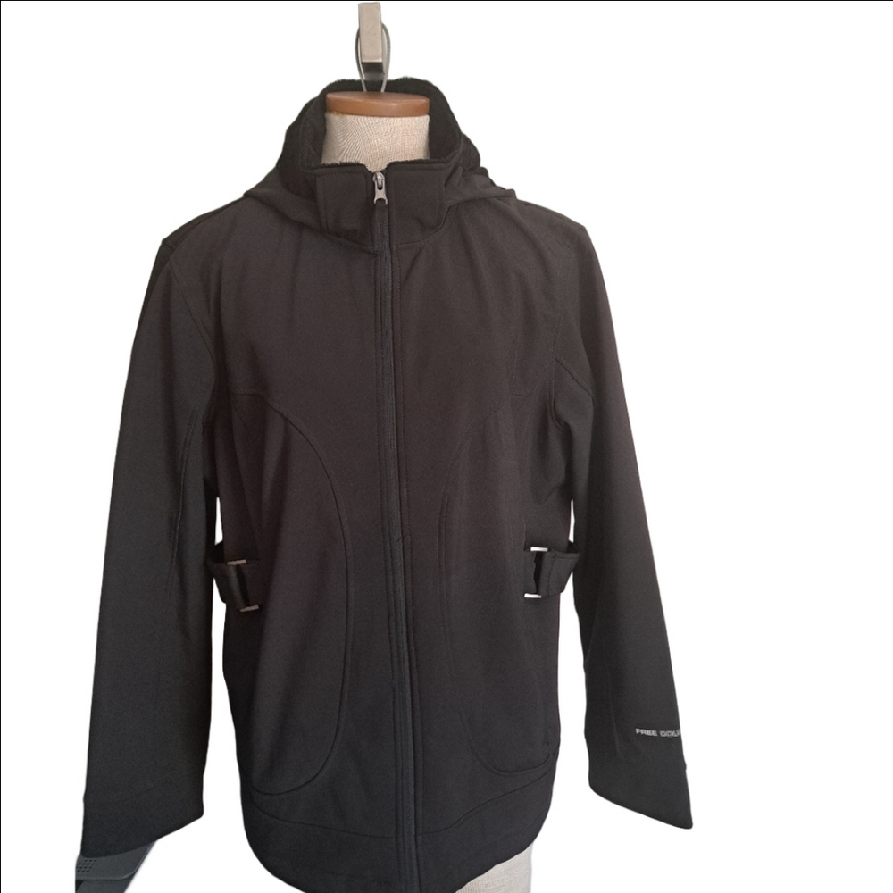 Ladies Short Jacket Hooded Soft Brushed Lining Cozy Zip Black FREE COUNTRY XL